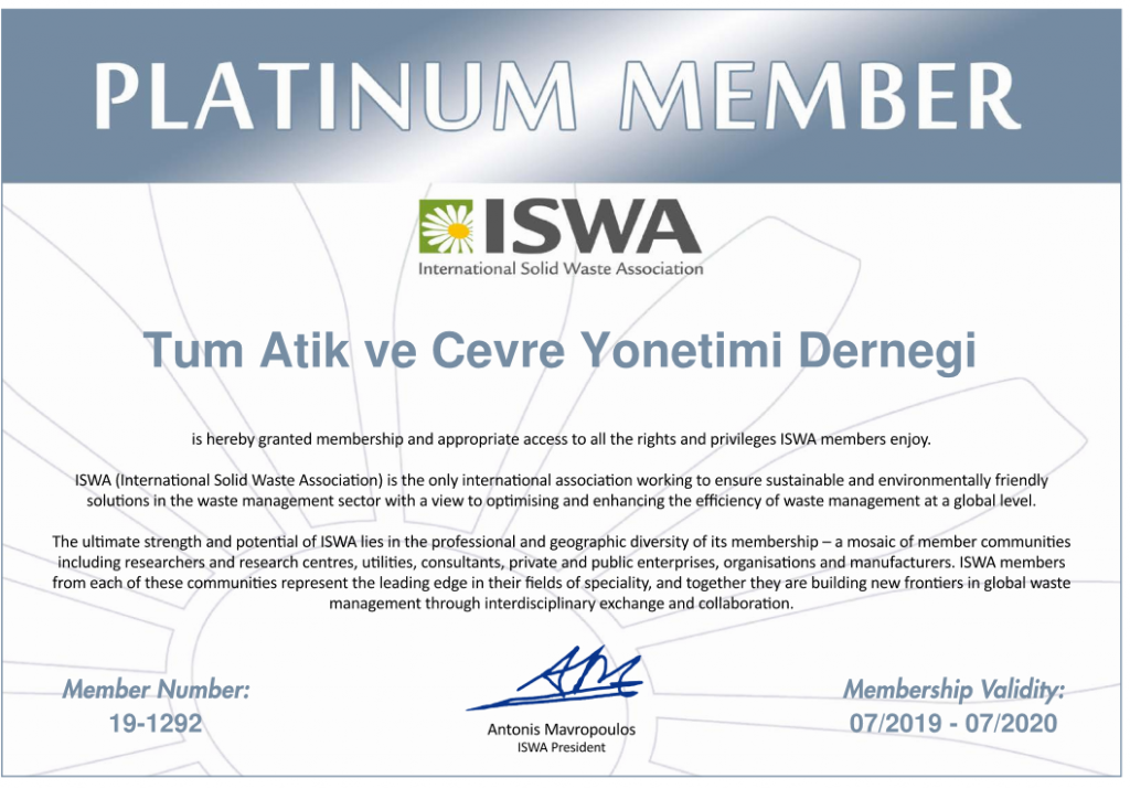 ISWA Platinum Membership Certificate